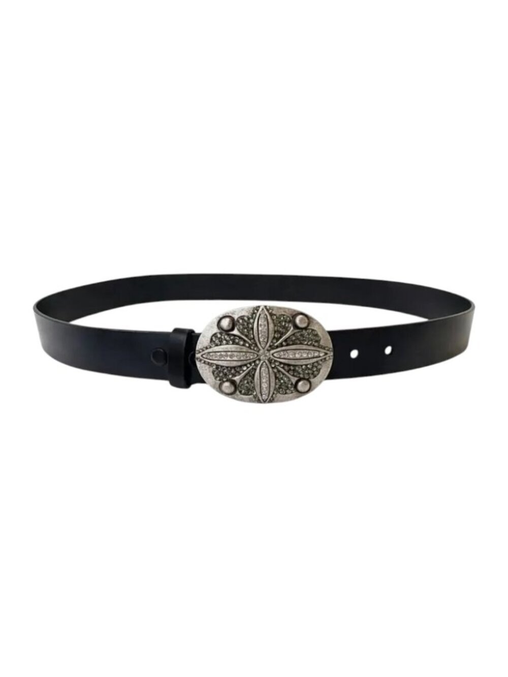 Black Genuine Leather Belt Silver Ornate Rhinestone Buckle Size 1X